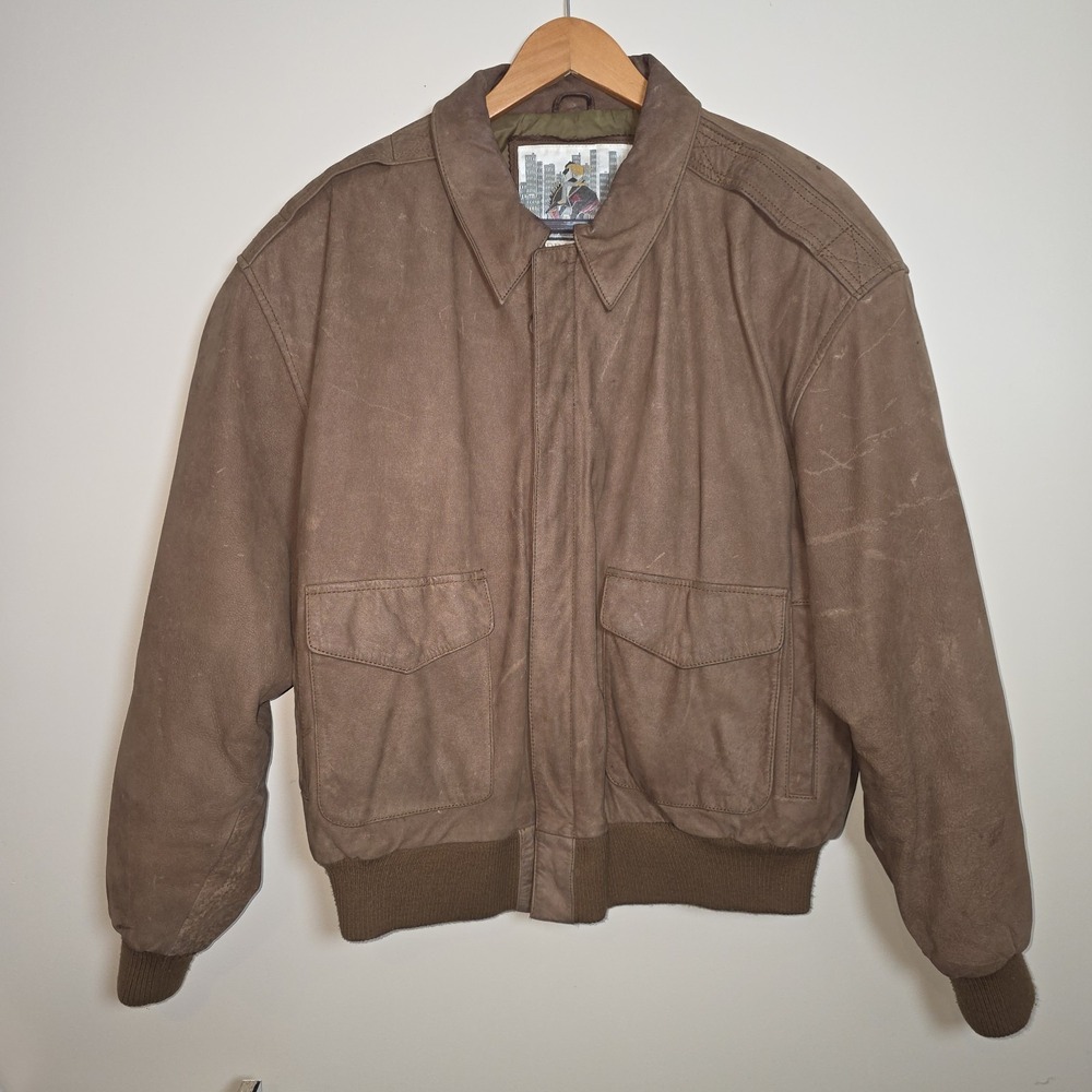 Vintage Urban Cowboy Brown Leather Bomber Jacket Men's L Distressed Flight Coat